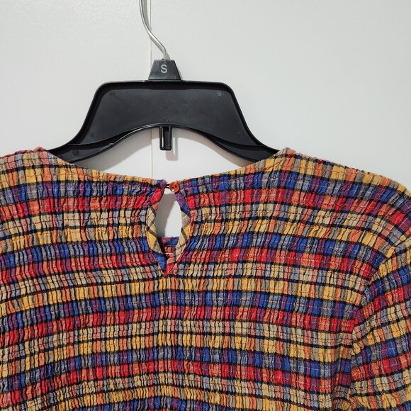 Anthropologie Maeve Smocked Stretch Long Sleeve Plaid Blouse-Fall Colors- Medium - Picture 5 of 6